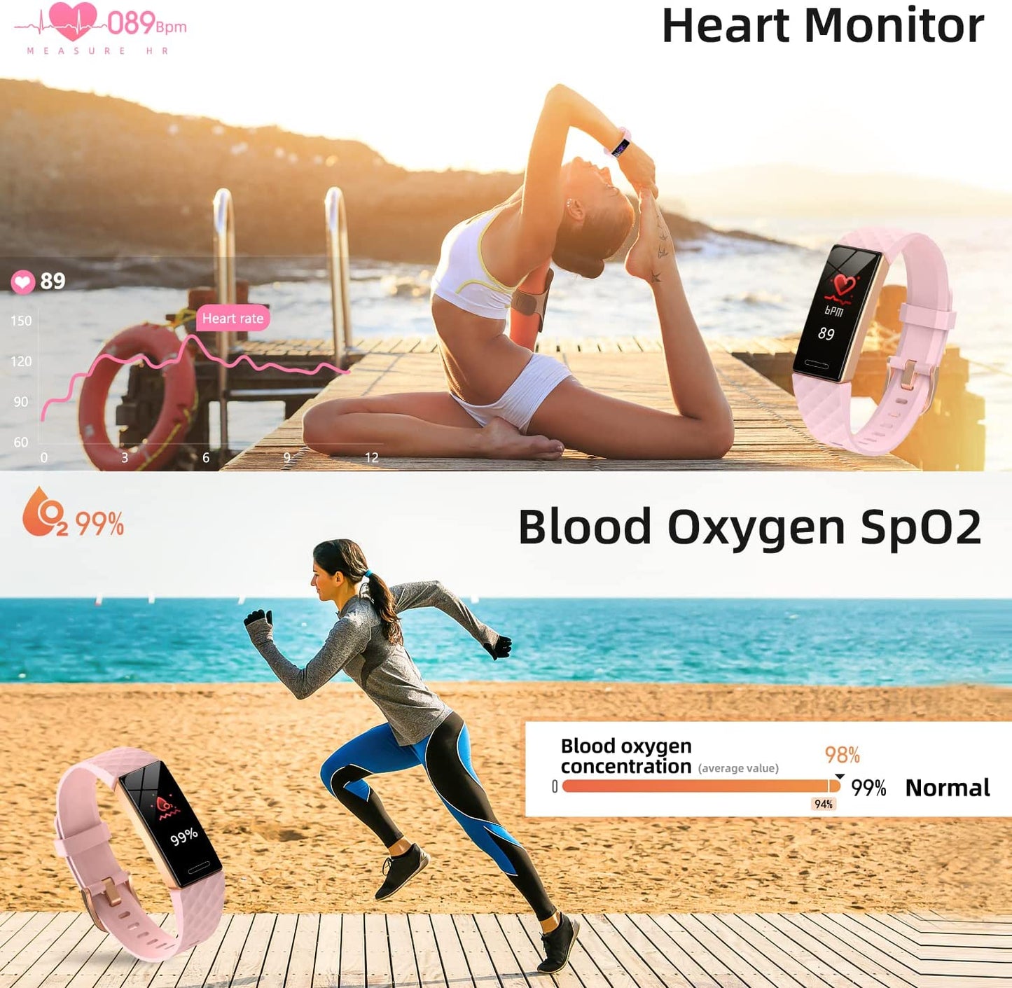 OYT Fitness Tracker - Advanced Activity Monitor with Heart Rate, Sleep Tracking, Pedometer, Stopwatch, Calorie Counter, Blood Oxygen Level, IP68 Waterproof Design for Men and Women (Pink)